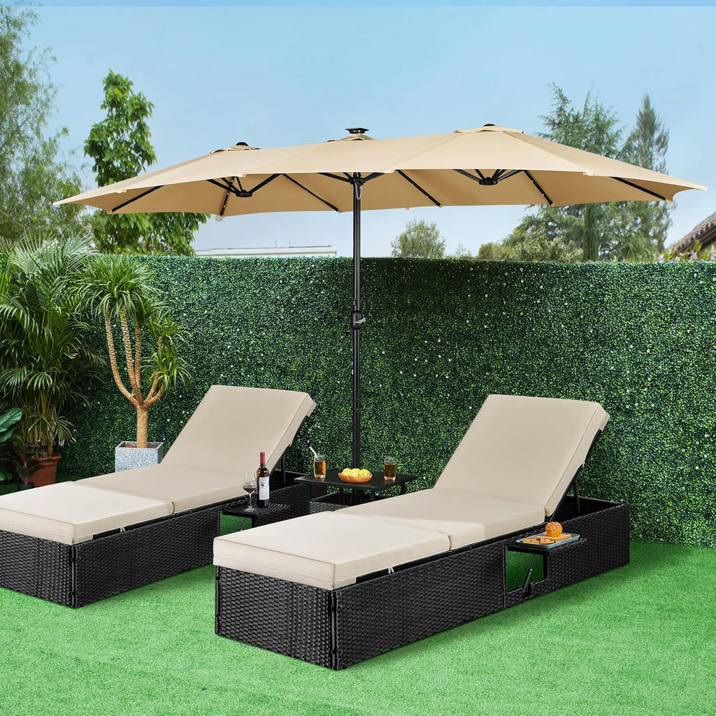 15 ft Large Patio Umbrella with Solar Lights Double-Sided Outdoor Rectangle Market Umbrellas with 36 LED Lights/Base Included/Easy Crank for Patio Garden Yard Pool Lawn, Brown