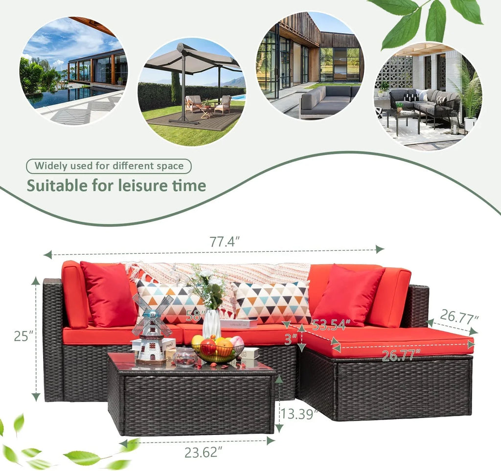 Devoko 5 Pieces Patio Furniture Sets All Weather Outdoor Sectional Patio Sofa Manual Weaving Wicker Rattan Patio Seating Sofas with Cushion and Glass Table(Beige)
