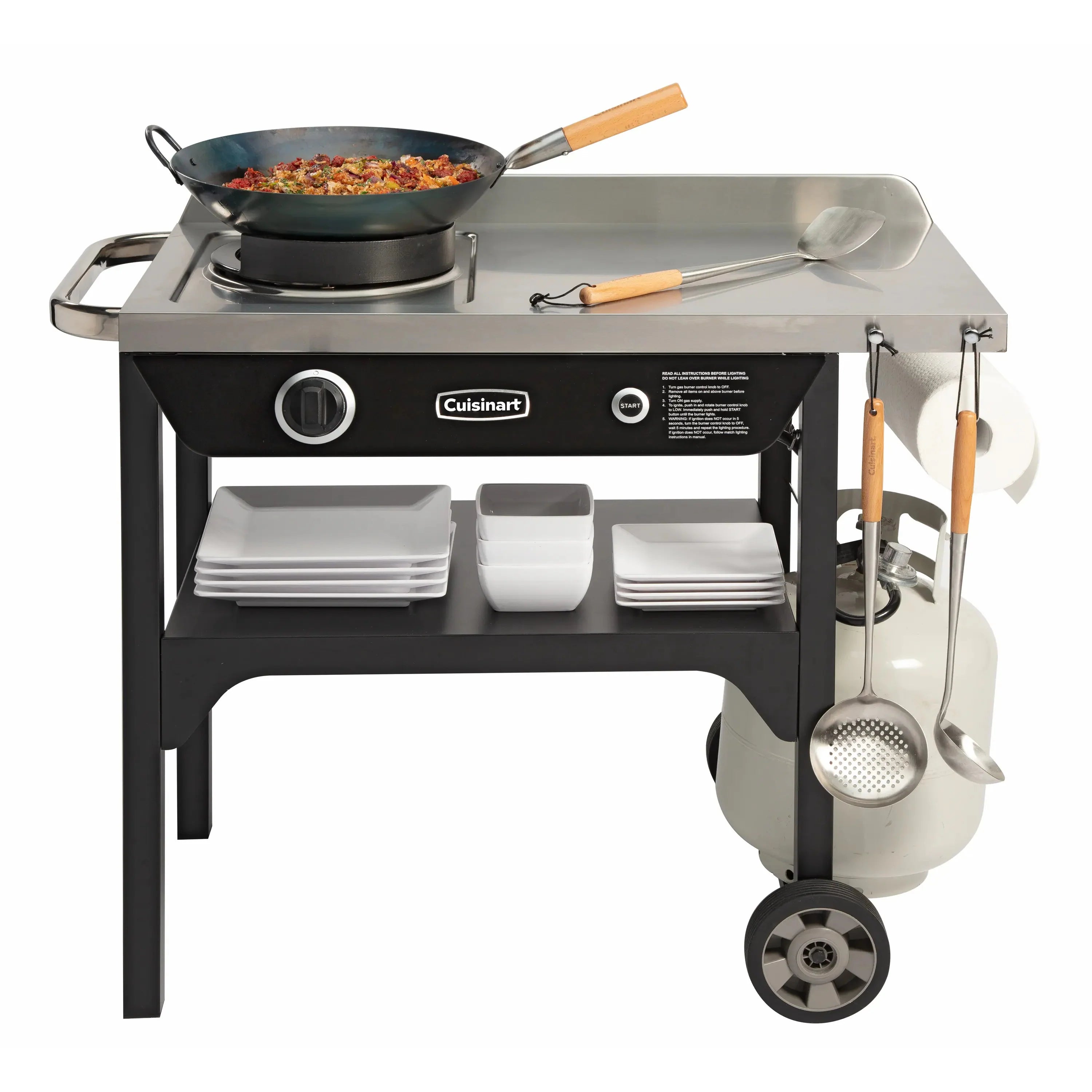 Cuisinart �� Outdoor Wok Station, 50,000 BTU Propane Outdoor Wok Burner w Prep Table, 14�测�� Carbon Steel Wok for Stir Fry, Searing, BBQ �� Black