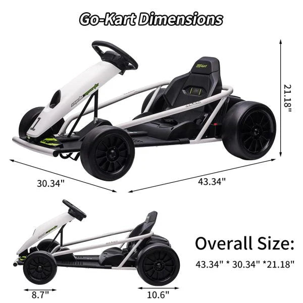 24V Go Kart for Kids 8-12, 300W*2 Motors, 9Ah Battery, 8MPH Speed, Music, Horn, 175lbs Max Load �� White
