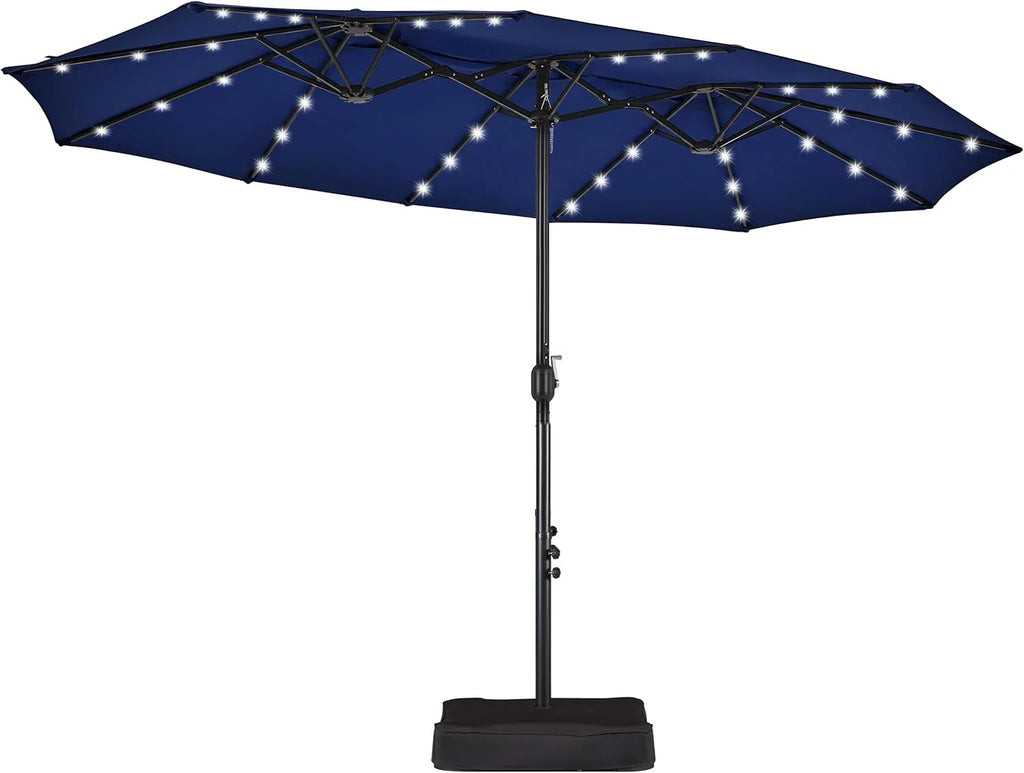 15 ft Large Patio Umbrella with Solar Lights Double-Sided Outdoor Rectangle Market Umbrellas with 36 LED Lights/Base Included/Easy Crank for Patio Garden Yard Pool Lawn, Brown
