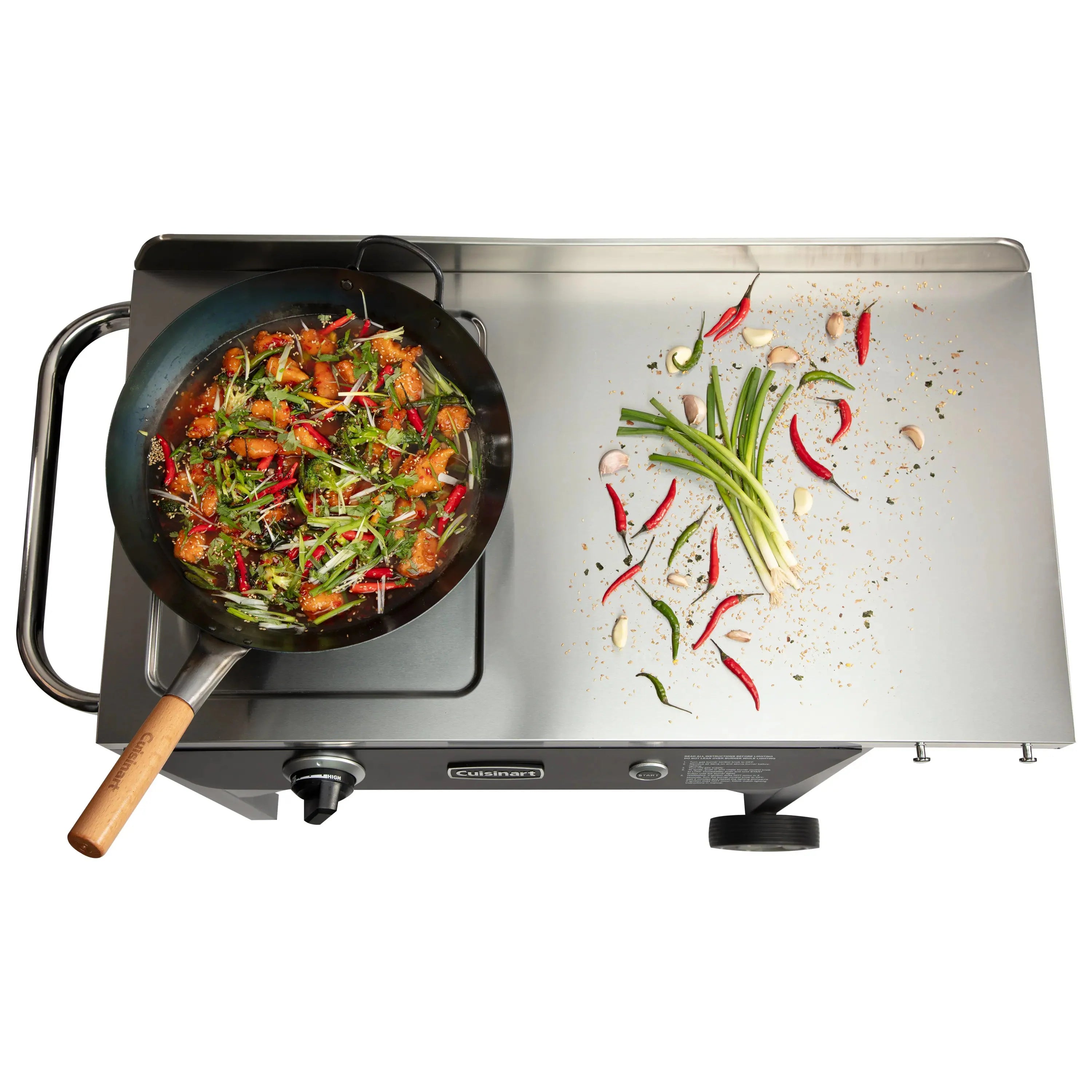 Cuisinart �� Outdoor Wok Station, 50,000 BTU Propane Outdoor Wok Burner w Prep Table, 14�测�� Carbon Steel Wok for Stir Fry, Searing, BBQ �� Black