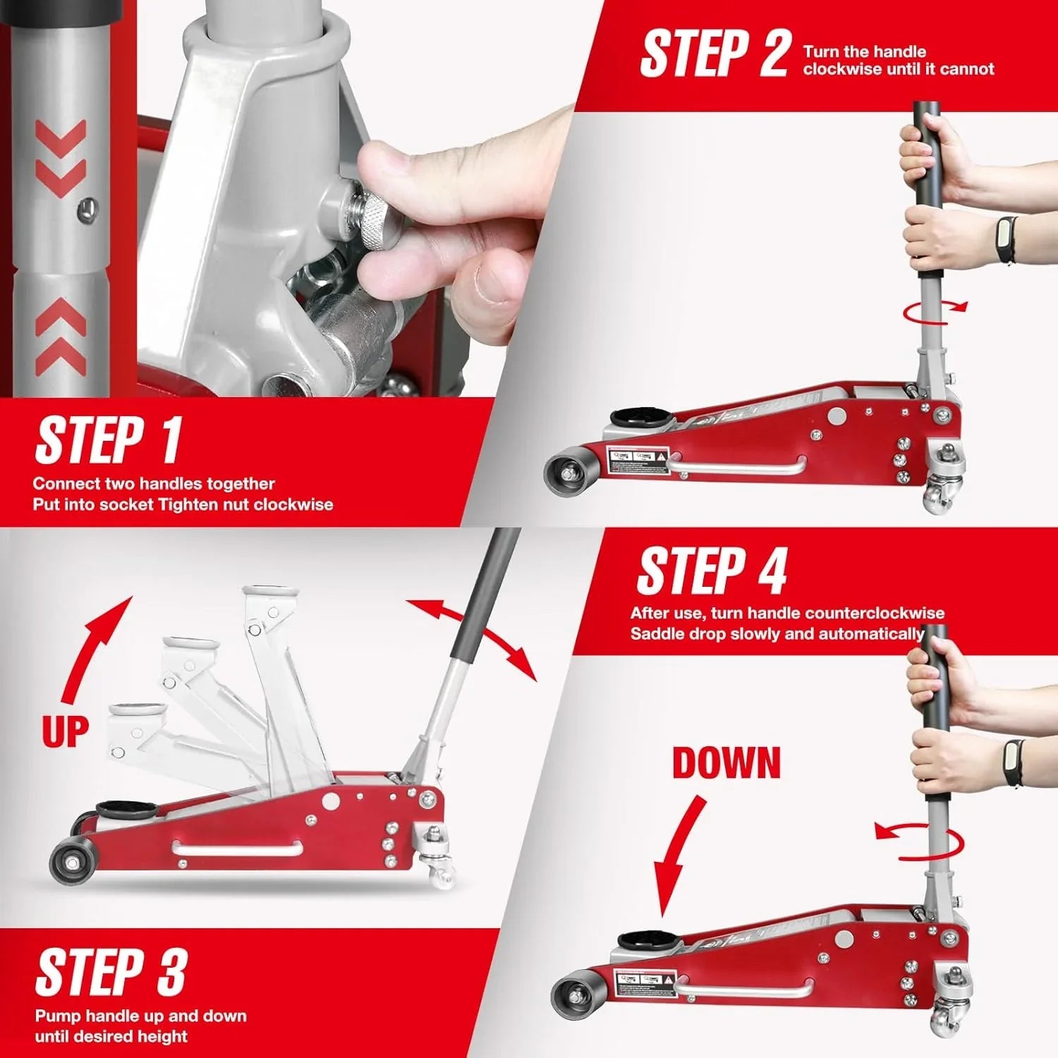 3 Ton Low Profile, Aluminum and Steel Racing Floor Jack with Dual Pistons Quick Lift Pump for Sport Utility Vehicle, Lifting Range 3-15/16" min to 18-5/16" max, Red