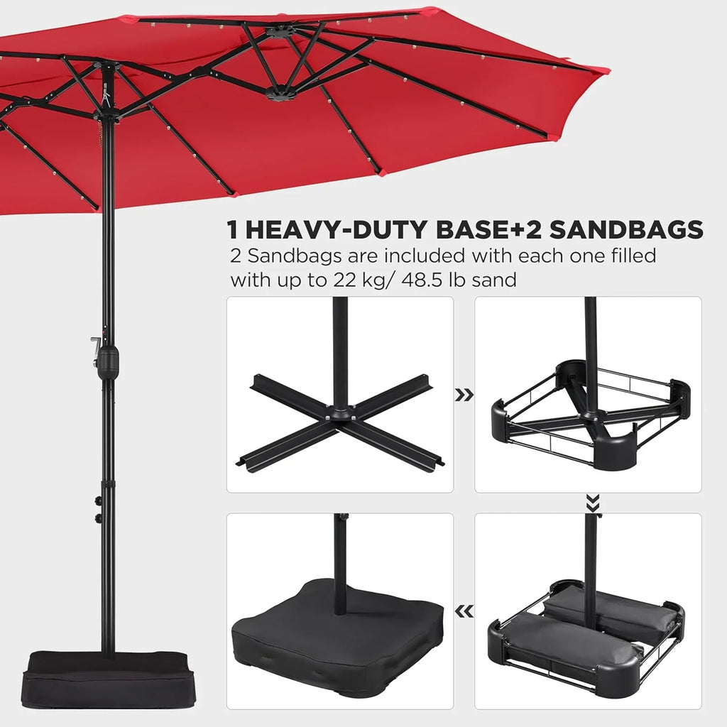 15 ft Large Patio Umbrella with Solar Lights Double-Sided Outdoor Rectangle Market Umbrellas with 36 LED Lights/Base Included/Easy Crank for Patio Garden Yard Pool Lawn, Brown