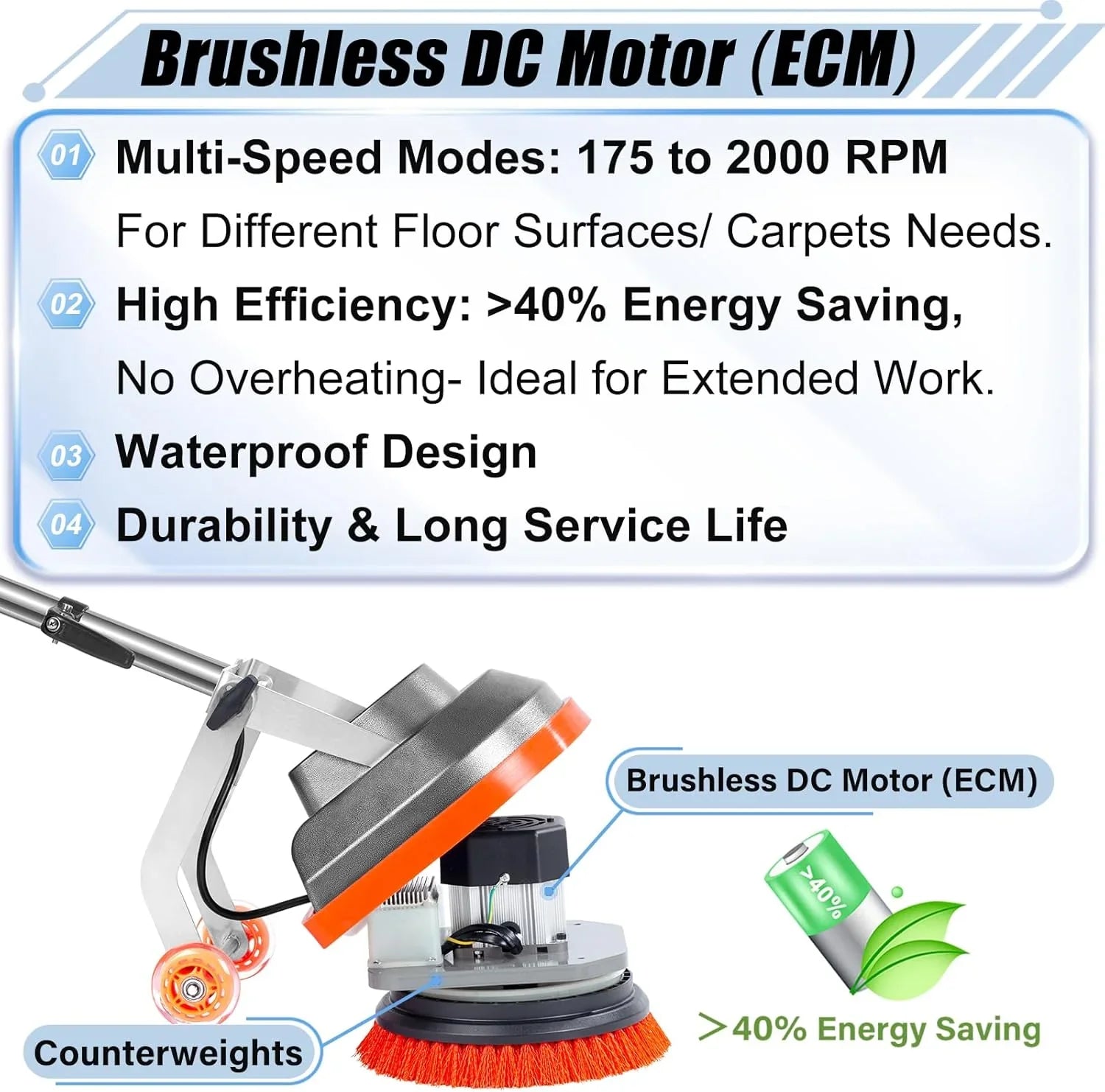 Commercial Floor Scrubber Machine with Brushes and Pads, Heavy Duty Floor Buffer Polisher and Cleaner- Deep Cleaning Tile and Grout, Hardwood Floors and Carpets without Getting on Hands and Knees