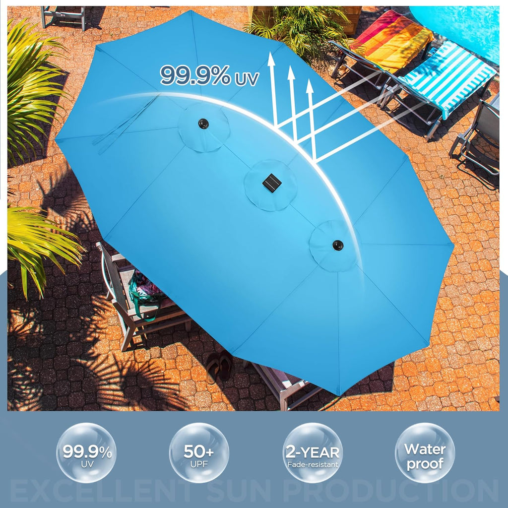 15 ft Large Patio Umbrella with Solar Lights Double-Sided Outdoor Rectangle Market Umbrellas with 36 LED Lights/Base Included/Easy Crank for Patio Garden Yard Pool Lawn, Brown