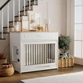 Wooden dog cage furniture, indoor kennel, with flip-up door, 360° rotating dog bowl and storage drawer, suitable for medium to large-sized dogs, durable dog cage, white.