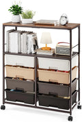 8-position drawer roller storage cart, equipped with a wooden top, a multi-functional practical storage cart with open shelves and lockable wheels, suitable for organizing storage drawers in home offices, craft rooms, and classrooms, in pink color.