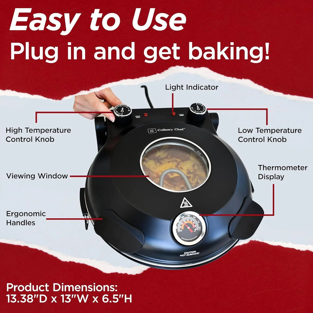 Electric Pizza Oven with Ceramic Stone, Viewing Window, Adjustable Heat Control, Timer and 1200W Baking Power, DIY Homemade Pizzeria, Large 12�� Pie Capacity (Black)