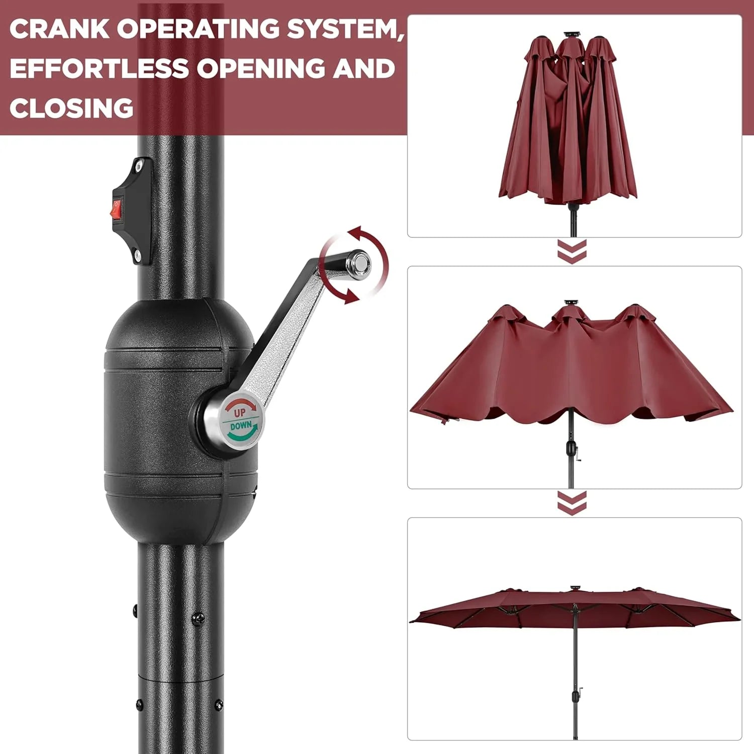 15 ft Large Patio Umbrella with Solar Lights Double-Sided Outdoor Rectangle Market Umbrellas with 36 LED Lights/Base Included/Easy Crank for Patio Garden Yard Pool Lawn, Brown