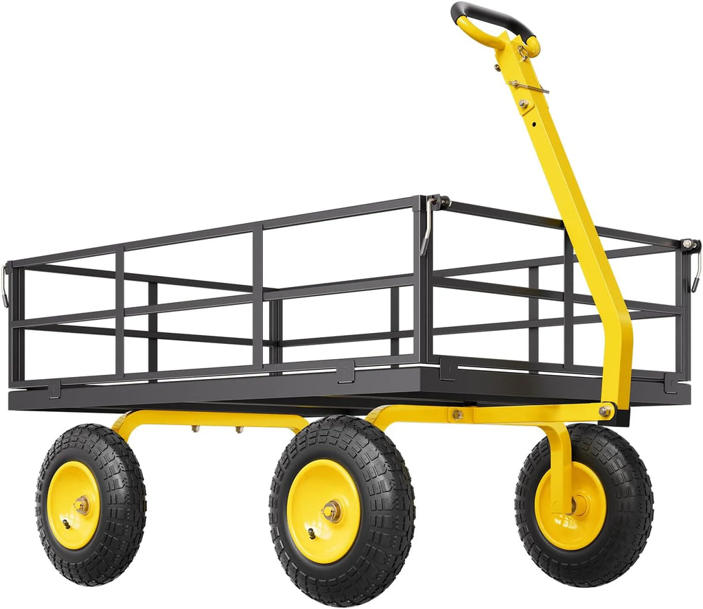1200-pound steel garden cart, heavy-duty capable of pulling garden truck, two-in-one outdoor metal multi-functional cargo vehicle for garden, equipped with 13-inch all-terrain tires, detachable mesh side panels and 180° rotating handle