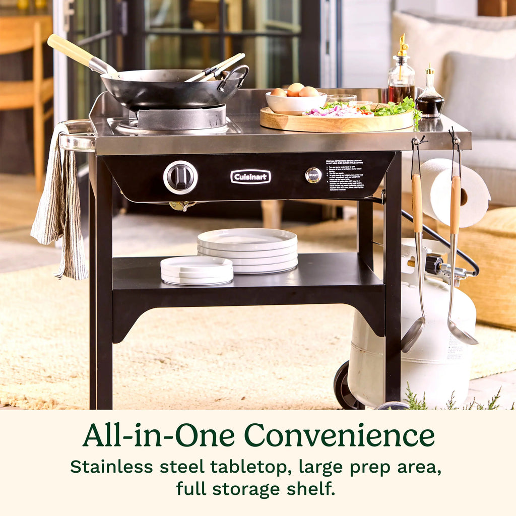Cuisinart �� Outdoor Wok Station, 50,000 BTU Propane Outdoor Wok Burner w Prep Table, 14�测�� Carbon Steel Wok for Stir Fry, Searing, BBQ �� Black